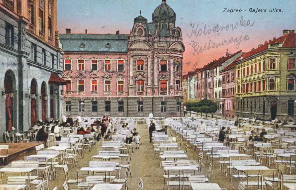 Hotel Esplanade, terasa, Starčevićev trg, u pozadini desno Gajeva ulica, oko 1930. godine